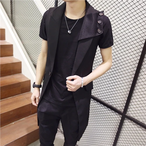 

HOT 2019 New Summer men personality novelty medium-long slim vest waistcoat outerwear hairstylist nightclub costumes clothing
