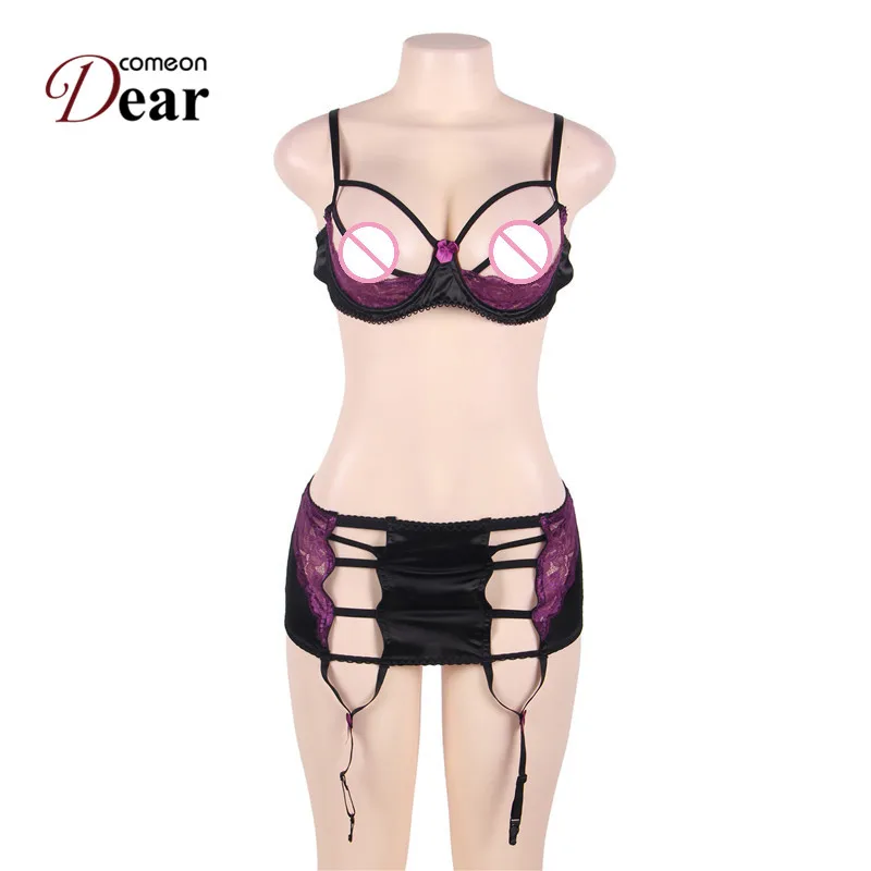 Comeondear Bielizna Damska Komplety K80418 Purple And Black 3 Pcs Open Bust Bra Set With Bra Rim Hot Sexy Intimates Lingerie Set