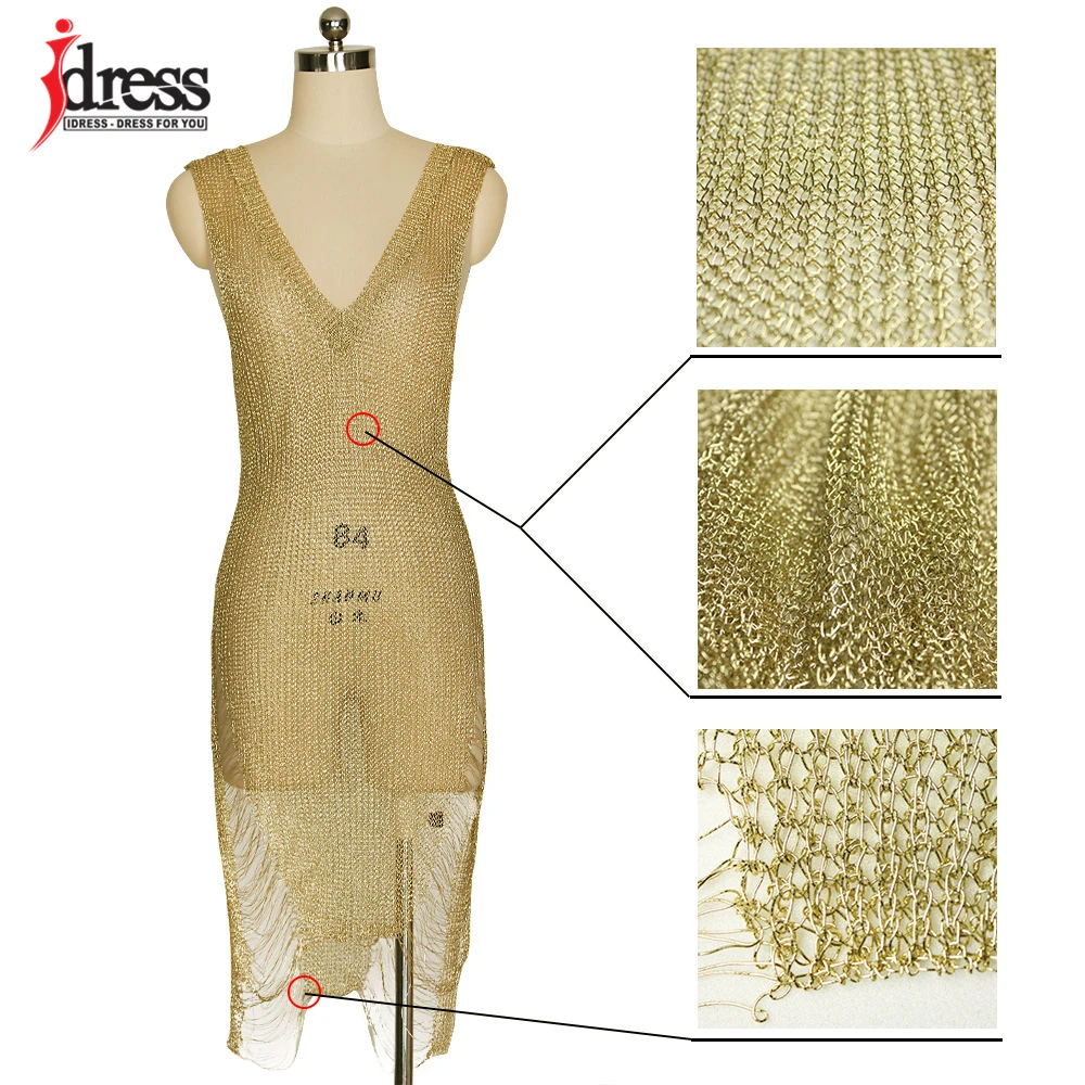 IDress 2017 Sexy Deep V Neck Hollow Out Golden String Knitting Summer Bodycon Women Dresses Sleeveless Mini Club Dress Vestidos (13)
