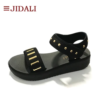 

JIDALI Womens Peep-toe Wedges 4.5cm Heel Black Rivets Rome Sandals Platform Summer Shoes Ladies Flip Flop size 35-39