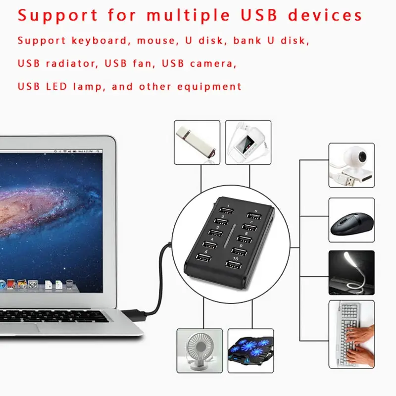 Высокая скорость 480 Мбит/с 10 портов USB 2,0 концентратор мульти персональный компьютер разъем расширения сплиттер для ПК ноутбук