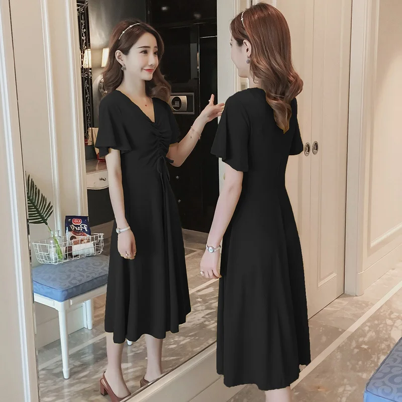 

Korean version of the short-sleeved summer neckline lace stretch Slim pregnant women dress pregnancy skirt maternity dress