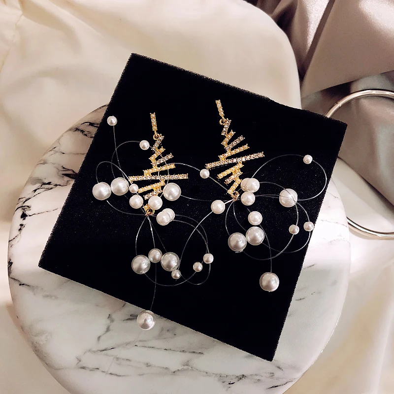 

Hyperbole Crystal Geometric Women Dangle Earrings Line Long Pearl Earrings For Women Drops Earrings Bohemian Earrings