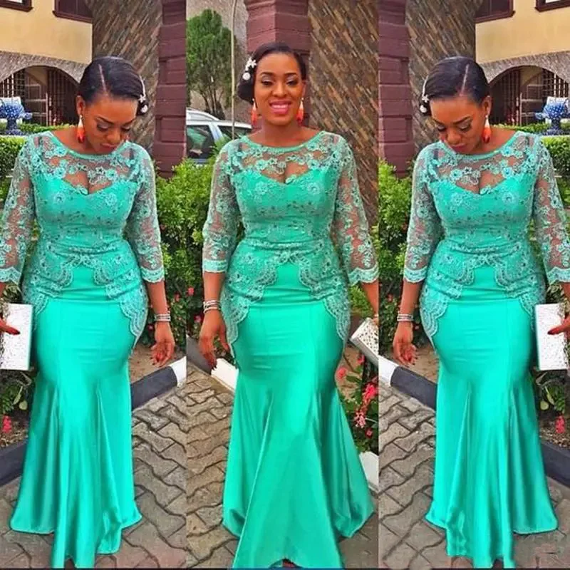 

Charming Long Sleeves Evening Gowns Sheer Neck Lace Appliques Beads Mermaid Prom Dresses African Plus Size Formal Dress