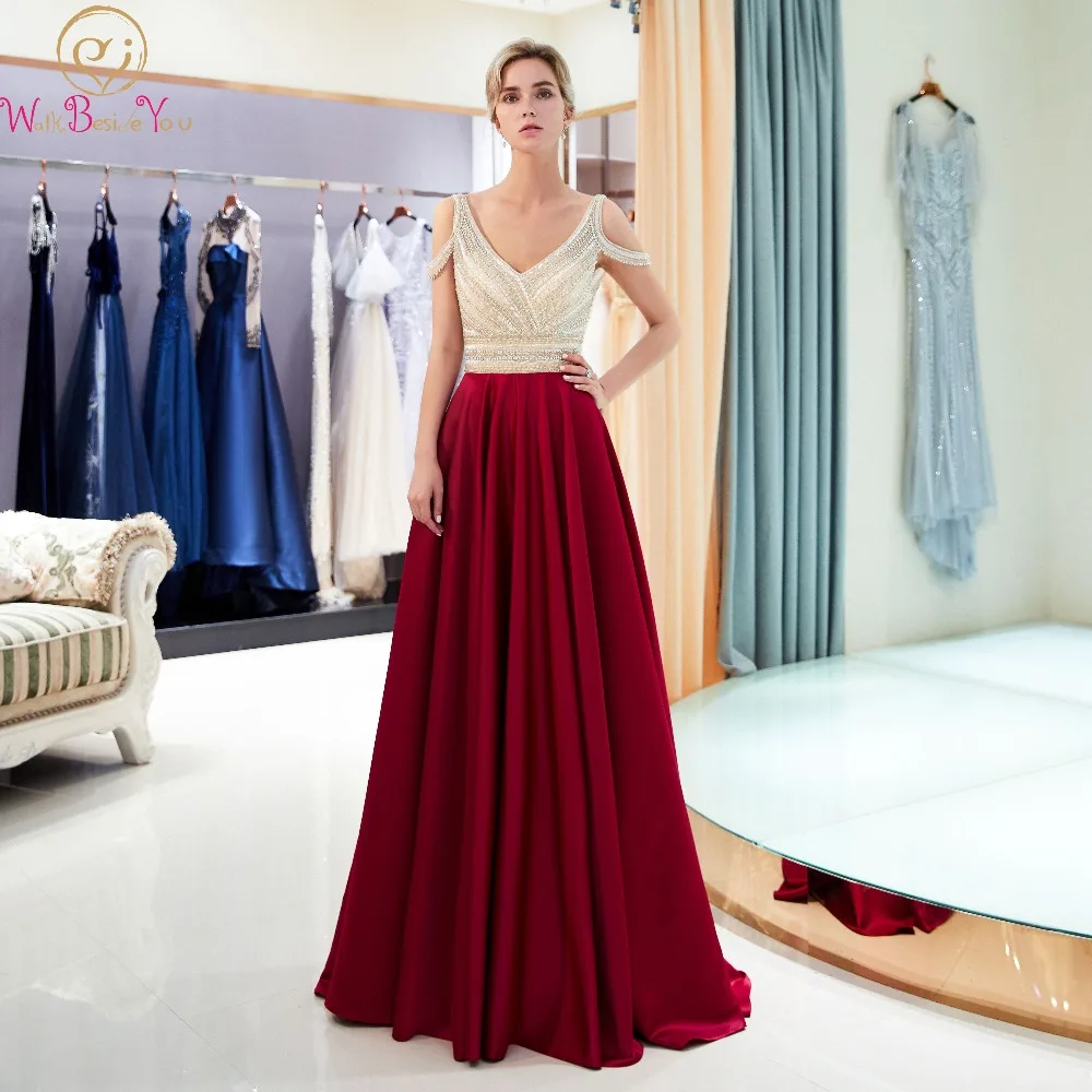 

V Neck Contrast Color Evening Dresses Wine Red Women Elegant Vantage Luxurious Beaded Crystal Stain Long Handmade Formal Gowns