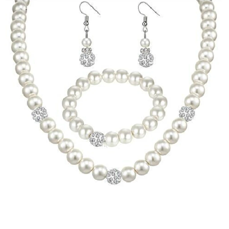 

Trendy Simulated-pearl Bead Chain Necklace Luxury White Crystal Ball Drop Earrings Bracelet Jewelry Set for Women Bride Wedding
