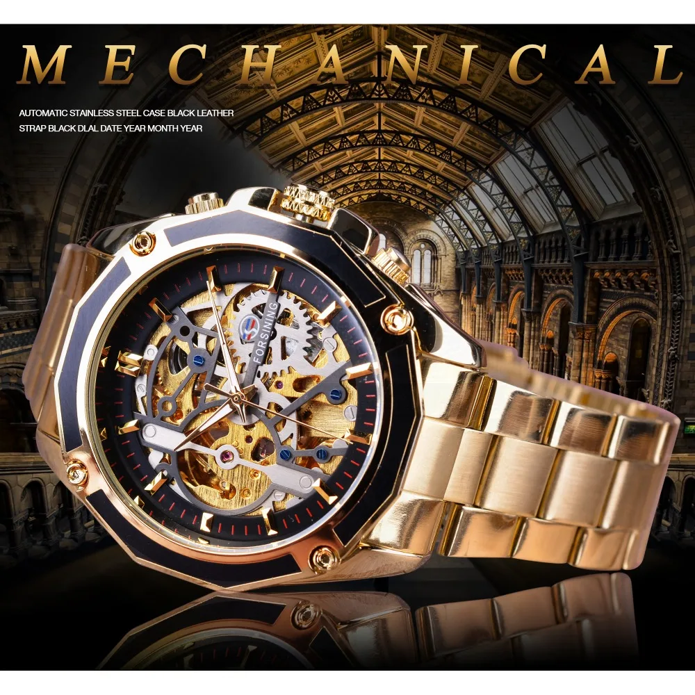Forsining Transparent Case Golden Stainless Steel Skeleton Luxury Design Men Watch Automatic Watch
