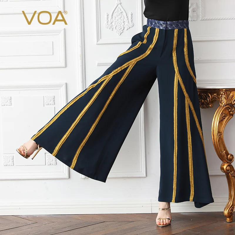 VOA Heavy Silk Wide Leg Pants Women Striped Long Trousers