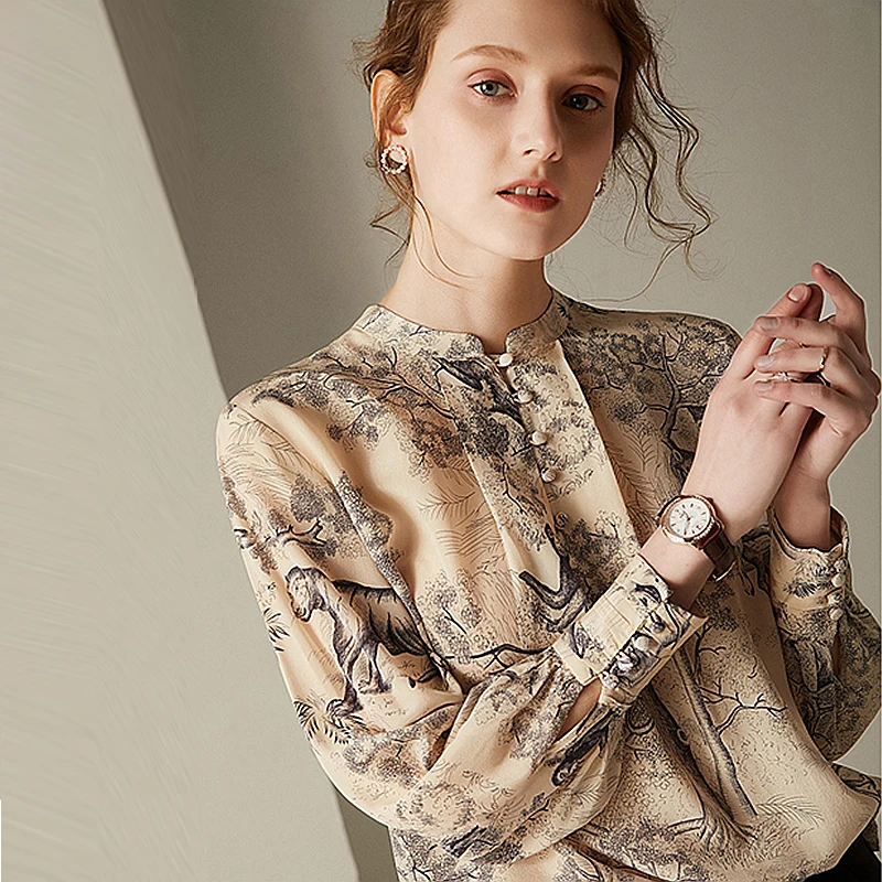 100% Silk Blouse Women Plus Sizes Shirt Vintage Printed Button O Neck Long Sleeve Pullover Top New