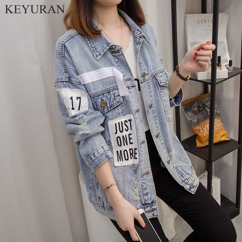 

2019 New Fashion Spring and Autumn Women's Letter Patched Hole Denim Coat Student Female Long Sleeve Loose Outwear Jeans Jacket