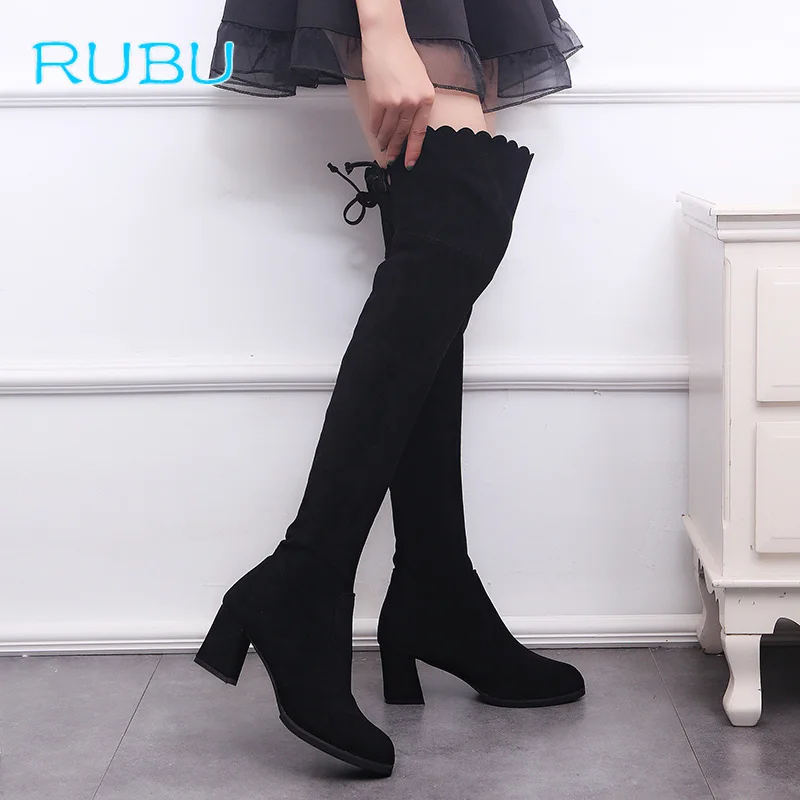 Beste Vrouwen Stretch Faux Su egrave;de Dij Hoge Laarzen Sexy Fashion Over De Knie Laarzen Hoge Hakken Vrouw Schoenen Zwart