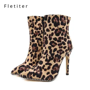 

Fletiter size 35-42 Fashion Leopard Print Women's Ankle Boots 2019 New Arrival Zip Pointed Toe Shoes High Heels Females Botas