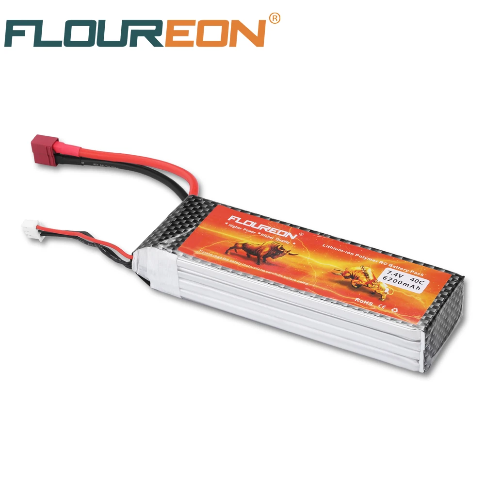 

FLOUREON 2S2P 7.4V 6200mAh 40C Lipo Battery for RC Truck Car Buggy RC Toys (T Plug)