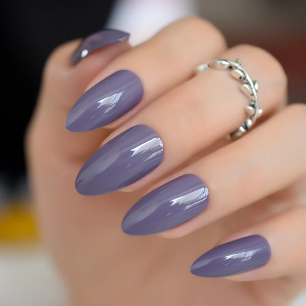 24pcs/kit Sharp Almond Design Stiletto Nails Dark Purple Medium Full