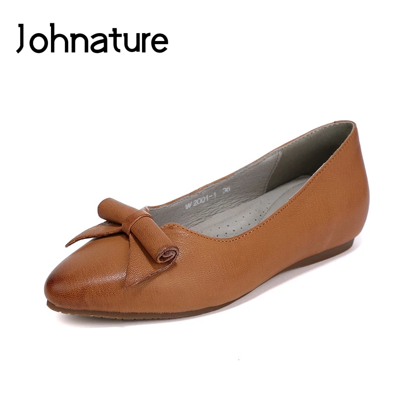 

Johnature 2019 New Spring/autumn Retro Genuine Leather Handmade Comfortable Solid Pointed Toe Butterfly-knot Flats Women Shoes