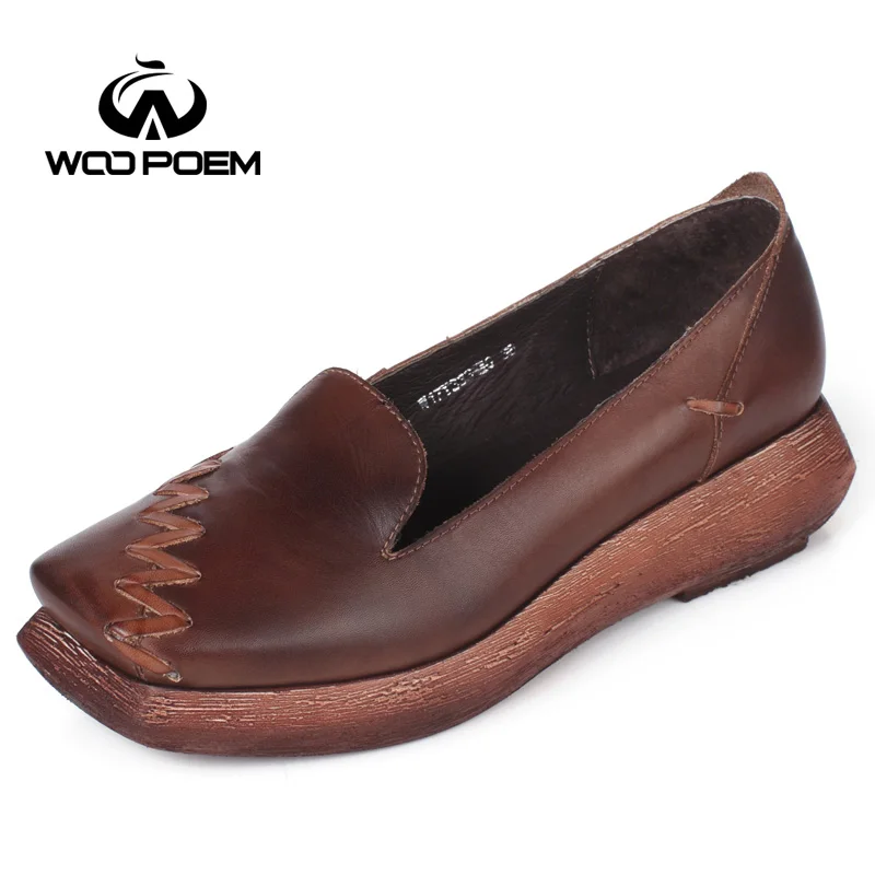 

WooPoem Shoes Woman Breathable Genuine Leather Pumps Med Heels Wedges Pumps Novelty Platform Shoes Casual Women Pumps W17T333-2G