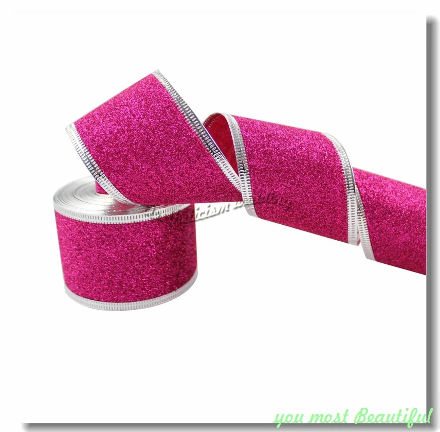 Wholesale Fuchsia 10 Yards sparkle Ribbon Christmas trees /weeding /DIY
