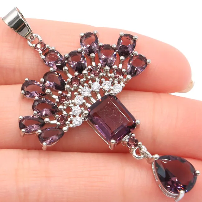 

Stunning Long Big Purple Amethyst White CZ SheCrown 925 Silver Pendant 57x34mm
