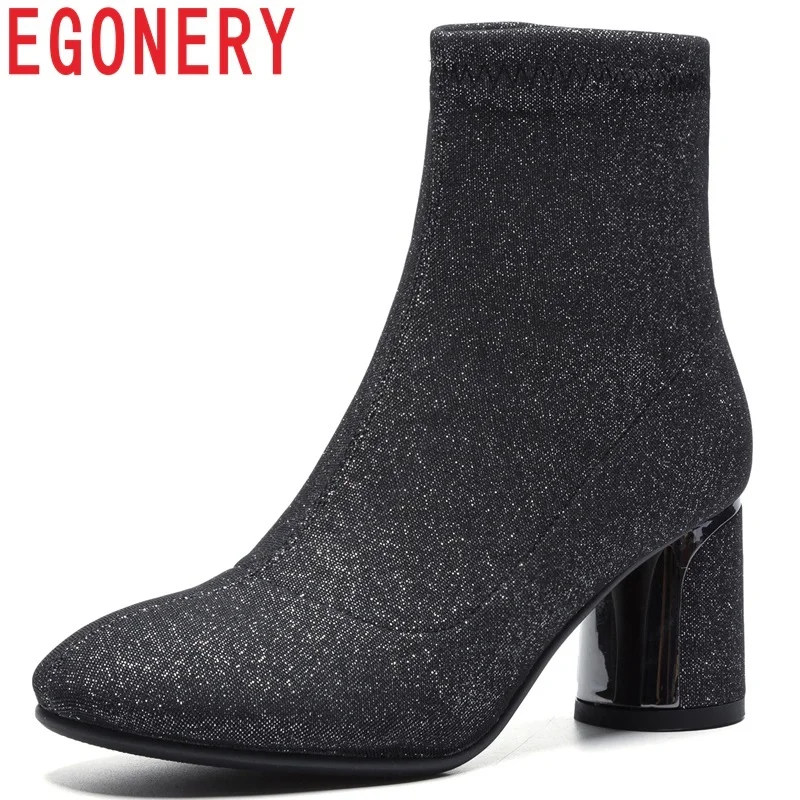 

EGONERY women shoes 2018 newest fashion sexy microfiber metal decoration round toe high strange style slip-on large size booties