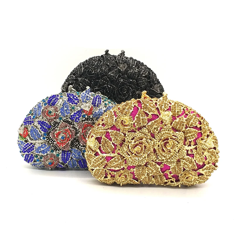 

Bridal wedding party purse women evening party bag diamonds luxury wallet crystal clutches elegant rose flower crystal purse