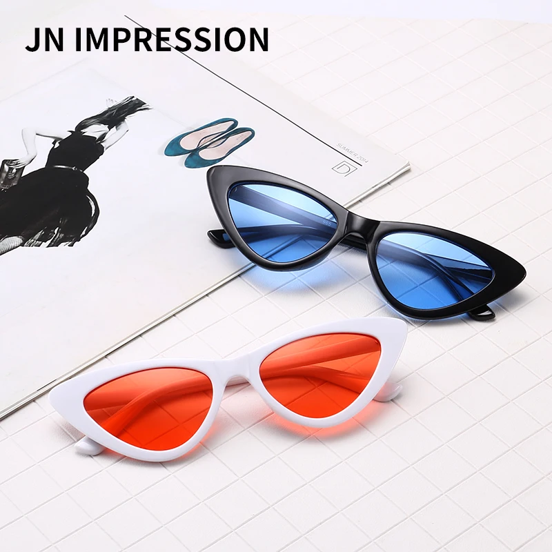 

J N cute sexy retro cat eye sunglasses women small black white 2018 triangle vintage cheap sun glasses red female uv400 XL965