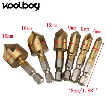 

6pcs/set Countersink Drill Bit 1/4" Hex Shank 90 Degree HSS 5 Flute Hole Cutter Chamfering Drill Bit for Wood Quick Change Bit