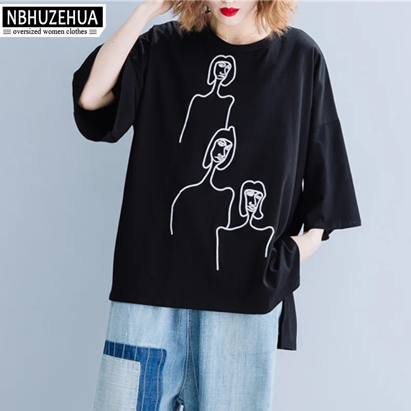 

NBHUZEHUA T-Shirt Women Cotton Vogue Summer Irregular Oversized Embroidery 3/4 Sleeve Tops Plus Size T Shirt 5XL 6XL 19-A235