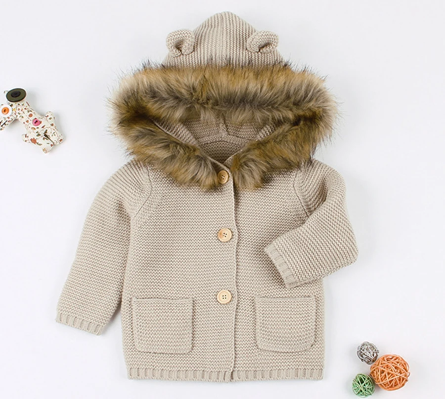 IYEAL/Зимний теплый свитер для новорожденных; меховой капюшон; съемный вязаный кардиган для маленьких мальчиков и девочек; Осенняя верхняя одежда; детская вязаная одежда