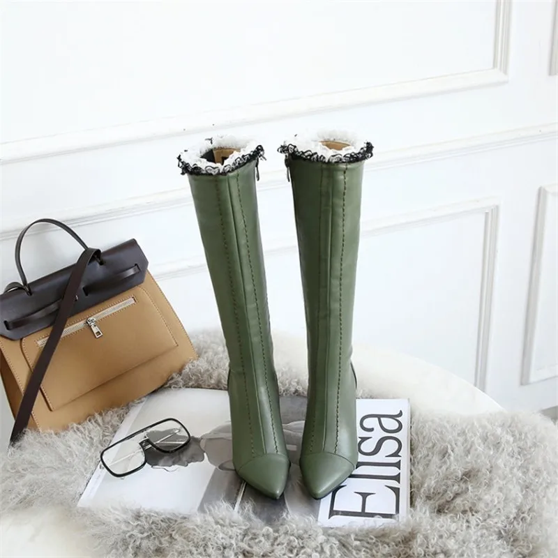 Maziao Spitz Oberschenkel Spitze Sexy Stiefel Seite grün Schwarzes Hohe Frauen Zipper Knie Lange Stilettos weiß YpRqPfq1