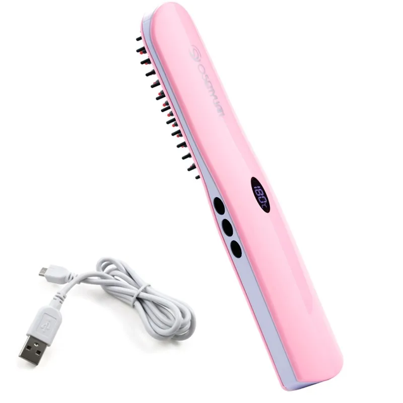 

New Patent Mini Ceramic LCD Hair Straightener Brush Electric Comb in Portable Size USB charge wireless hair straightener brush