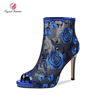 

Original Intention Gorgeous Women Ankle Boots Summer Embroider Peep Toe High Heel Boots Blue Red Black Party Spring Shoes Woman