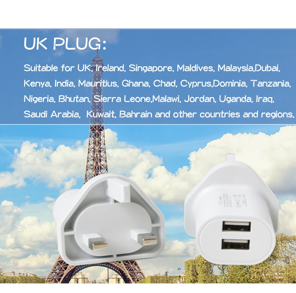 1 PC UK Adapter Dual usb Interface Travel Power Plug 5V 2.4A Charger Adaptors Converter Connector UK Plug 3 Pin Socket White (8)
