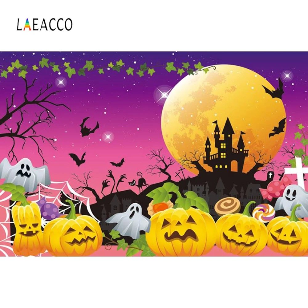 

Laeacco Cartoon Bats Pumpkin Scared Halloween Portrait Photography Background Customized Photographic Backdrops for Photo Studio