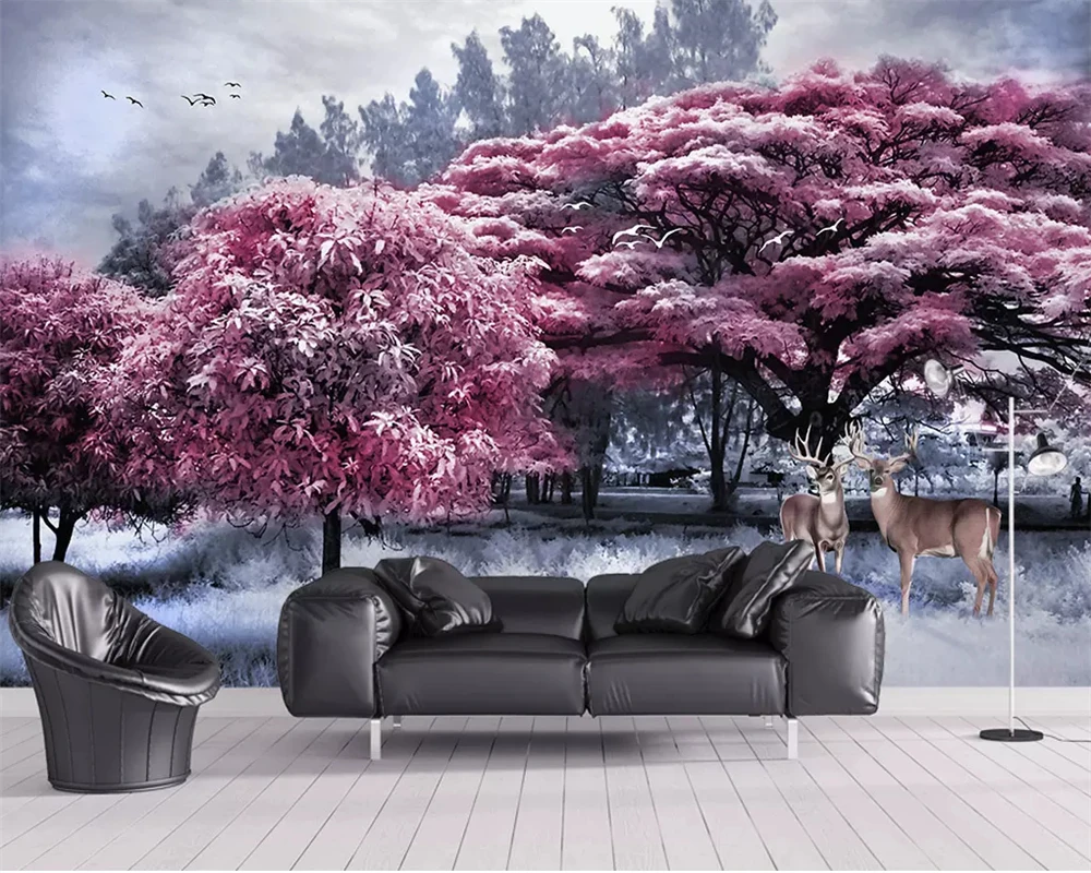 

beibehang Pink wallpaper mural forest tree elk landscape TV background wall living room bedroom 3d wallpaper decoration murals