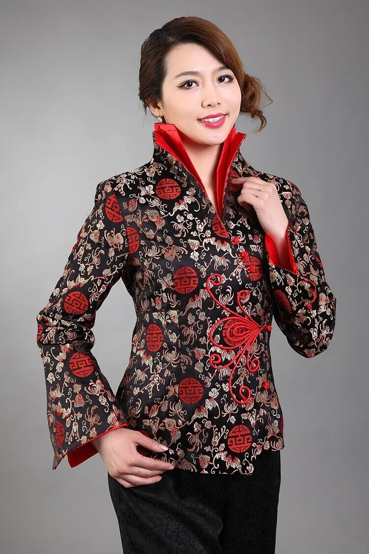 Горячая Распродажа, черная традиционная китайская женская шелковая атласная куртка, пальто с цветочным принтом, Размеры S M L XL XXL XXXL