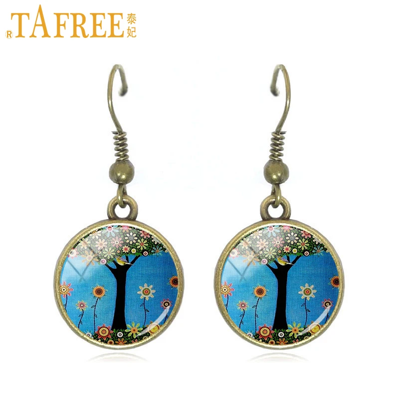 

TAFREE Flowers and Tree Drop Earrings on a blue backround dangle earring Wintersweet Cherry Blossom Case Mural jewelry A786