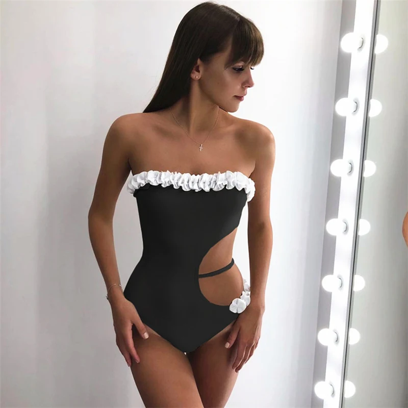 Bandeau 2019 One Piece Swimsuit Female Solid Sexy Black Women Swimwear White Floral Hollow Out Brazilian Monokini Bathing Suit Bandeau 2019 One Piece Swimsuit Female Solid Sexy Black Women Swimwear White Floral Hollow Out Brazilian Monokini Bathing Suit