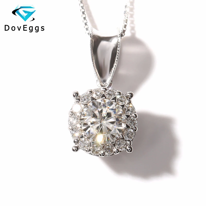 

Solid 14K 585 White Gold 1 Carat ct TRANSGEMS EF Colorless Clear Lab Grown Moissanite Pendant Necklace With Real Diamond Accents