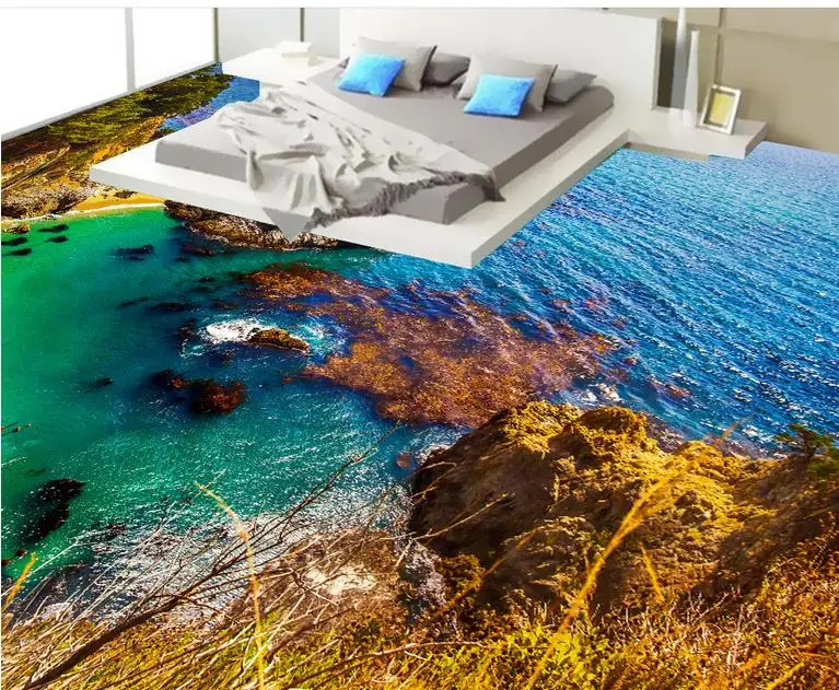 pvc vinyl flooring custom wallpaper 3d flooring Seaside scenery