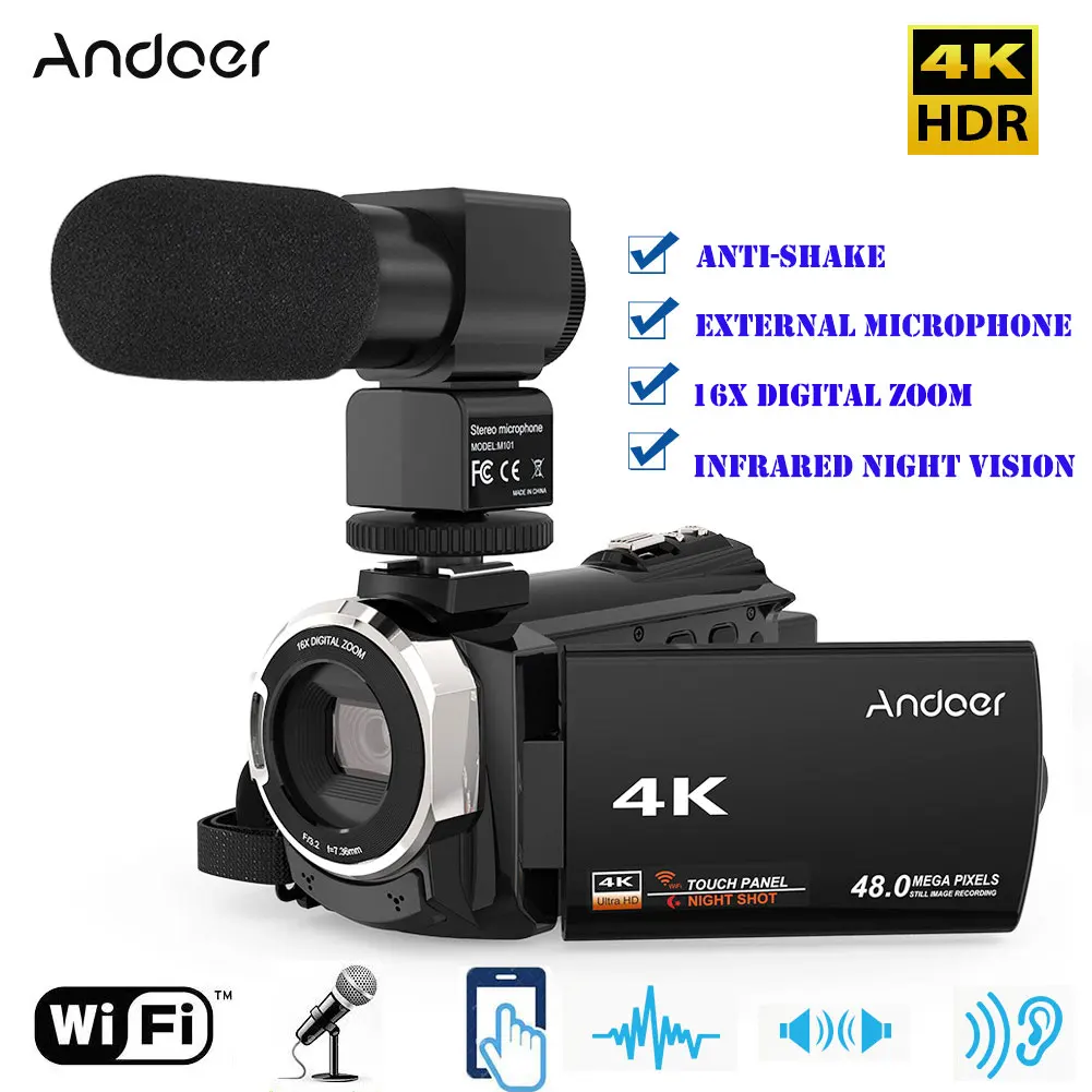 Andoer 4K 1080P 48MP WiFi цифровая видеокамера регистратор с внешним микрофоном ИК