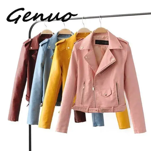 

2019 Spring Bright Yellow Women PU Leather Jackets Zipper Leather Coat Turn-down Collar Female PU Jackets Black Color