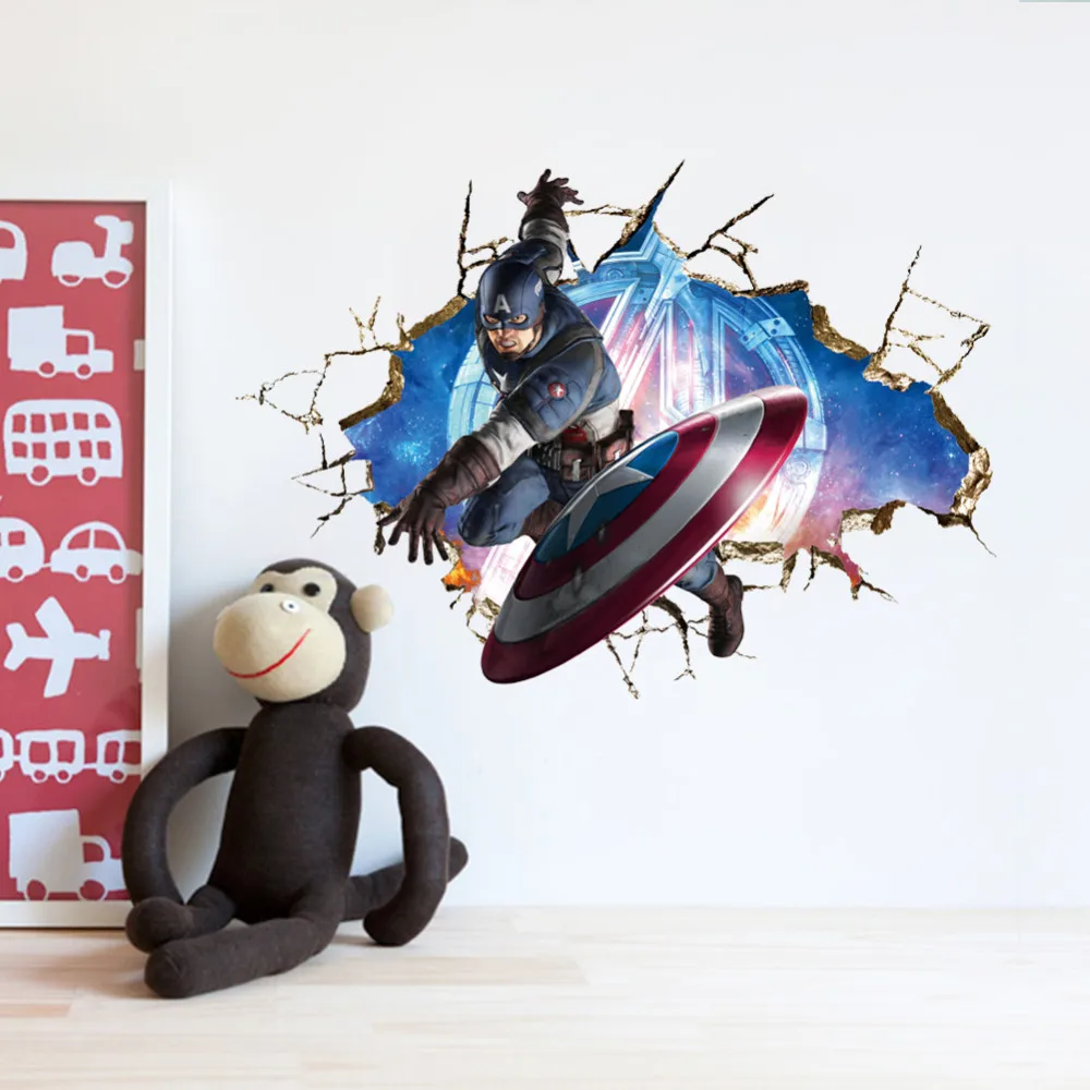 Мстители 3D через наклейки на стену наклейки искусство для детского сада Украшение дома капитан обои "Америка" дети мультфильм плакат Y008