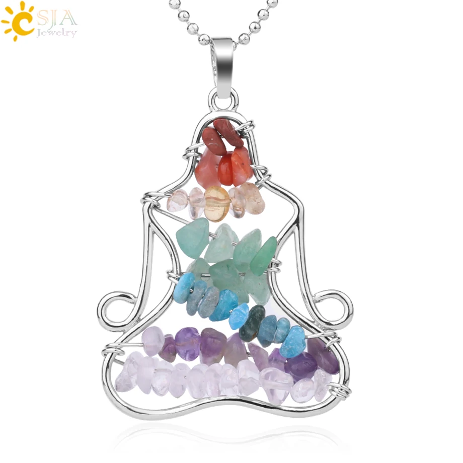 

CSJA 7 Chakra Yoga Women Pendant Natural Stone Irregular Gravel Buddha Meditation Pendants Necklaces Healing Trendy Jewelry G014