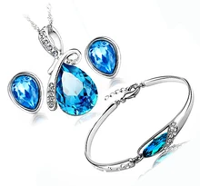 100% Sistemas de la Joyería de Plata 925 AAA para Las Mujeres Azul Marino de Agua Sistema de La Joyería de Cristal gota de Plata Maciza Collar + Earring + Pulsera