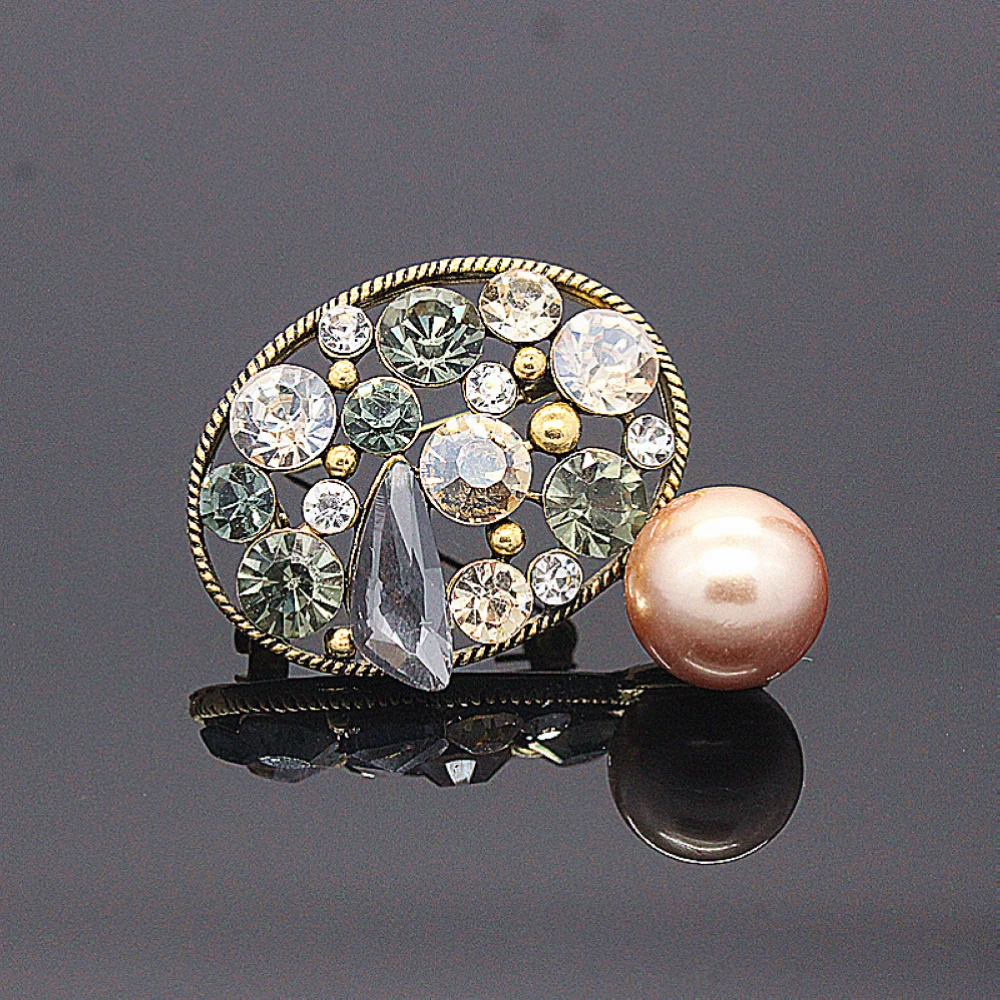 

B040 Antique Enameled Leaf Blood Red Pink Gray Pearl Stone Art Brooch Silver Gold Tone Oval Shaped Flower Pin With Large Pearl