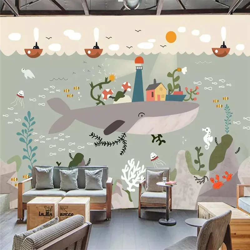 Hand-painted underwater world whale mate art background wall professional production mural wholesale wallpaper custom photo wall Hand-painted underwater world whale mate art background wall professional production mural wholesale wallpaper custom photo wall