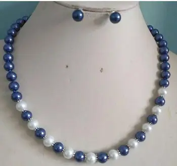 

Women Gift Freshwater 10MM White/dark blue South Sea Shell Pearl necklace earring for women sterling--jewelry