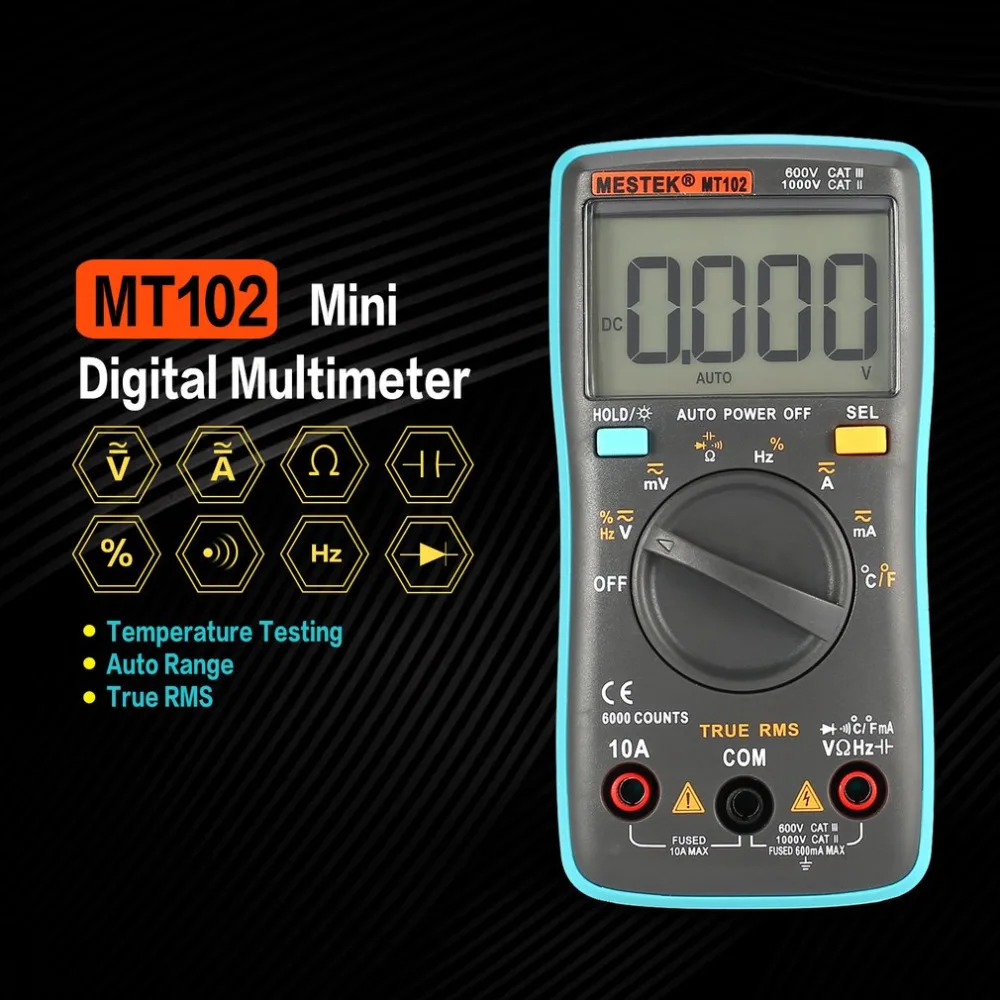 

MESTEK MT102 Mini Digital Multimeter True RMS Auto Range AC/DC Volt Amp Ohm Capacitance Frequency Temperature Diode Tester