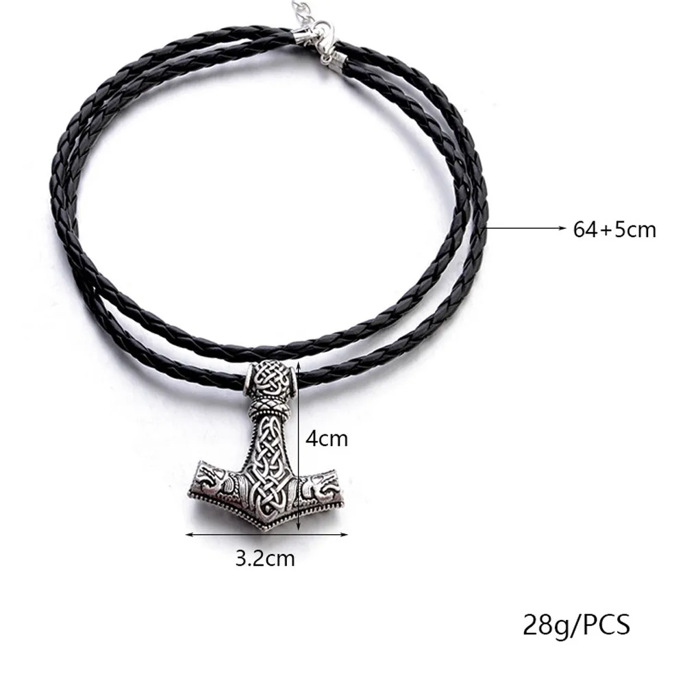 1pcs Norse Vikings Amulet PENDANT Necklaces Hammer Of Thor Mjolnir Pendant Leather Rope Necklaces Animal Knot Viking Jewelry