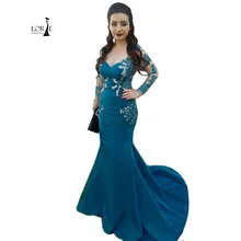 Langärmelige abendkleid O-ansatz Applizierte Perlen mit Strass Meerjungfrau Türkis Formales Abschlussball-partei-kleid abiye gece elbisesi